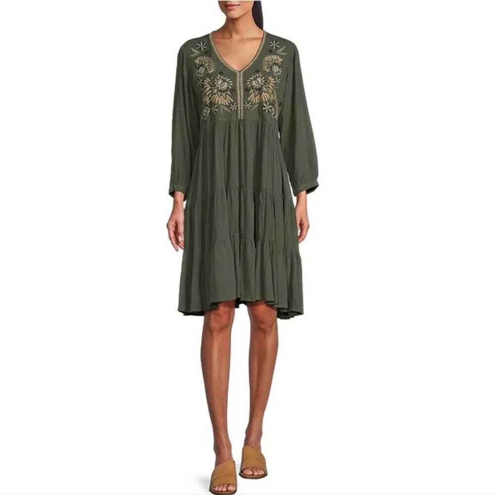 Nurture by Westbound Gray Tiered 3/4 Sleeve Embroidered Boho Dress